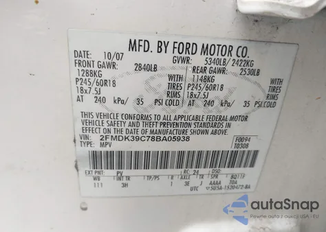 2008 Ford Edge Limited z USA, uszkodzony, nr VIN 2FMDK39C78BA05938
